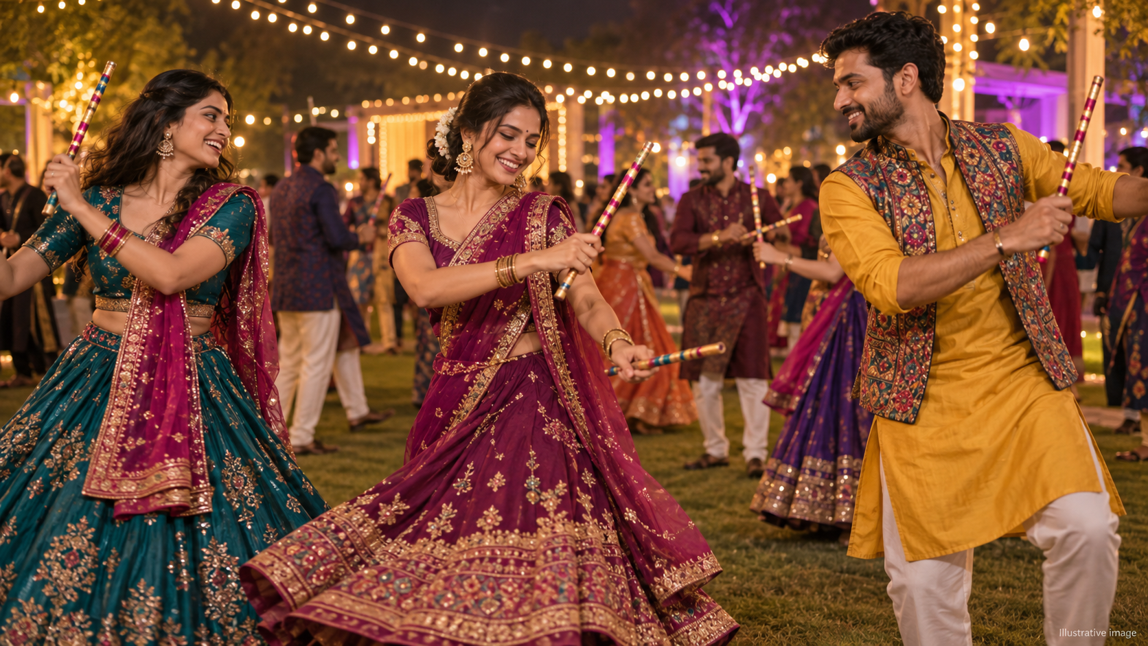 Festive lighting and Garba Utsav 2026 branding featured in the event reel.
